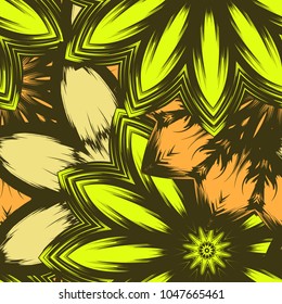 Seamless floral background. Tracery handmade nature ethnic fabric backdrop pattern with flowers. Textile design texture. Decorative color art. Vector