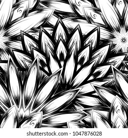 Seamless floral background. Tracery handmade nature ethnic fabric backdrop pattern with saturated dark flowers. Textile design texture. Decorative binary monochrome black and white art. Vector