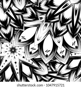 Seamless floral background. Tracery handmade nature ethnic fabric backdrop pattern with saturated dark flowers. Textile design texture. Decorative binary monochrome black and white art. Vector