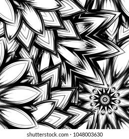 Seamless floral background. Tracery handmade nature ethnic fabric backdrop pattern with saturated dark flowers. Textile design texture. Decorative binary monochrome black and white art. Vector