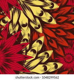Seamless floral background. Tracery handmade nature ethnic fabric backdrop pattern with flowers. Textile design texture. Decorative color art. Vector