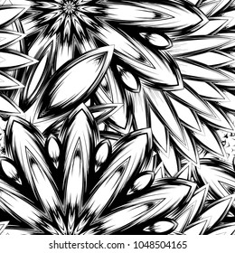 Seamless floral background. Tracery handmade nature ethnic fabric backdrop pattern with saturated dark flowers. Textile design texture. Decorative binary monochrome black and white art. Vector