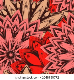 Seamless floral background. Tracery handmade nature ethnic fabric backdrop pattern with flowers. Textile design texture. Decorative color art. Vector