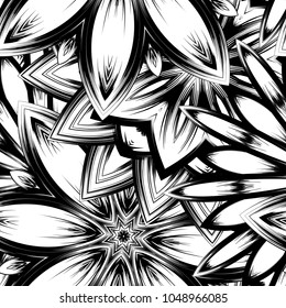 Seamless floral background. Tracery handmade nature ethnic fabric backdrop pattern with saturated dark flowers. Textile design texture. Decorative binary monochrome black and white art. Vector