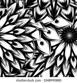 Seamless floral background. Tracery handmade nature ethnic fabric backdrop pattern with saturated dark flowers. Textile design texture. Decorative binary monochrome black and white art. Vector