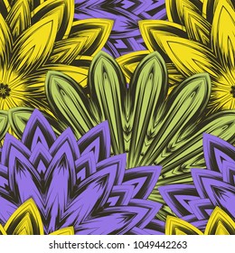 Seamless floral background. Tracery handmade nature ethnic fabric backdrop pattern with flowers. Textile design texture. Decorative color art. Vector