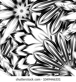 Seamless floral background. Tracery handmade nature ethnic fabric backdrop pattern with saturated dark flowers. Textile design texture. Decorative binary monochrome black and white art. Vector