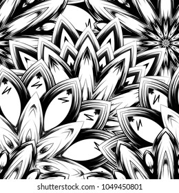 Seamless floral background. Tracery handmade nature ethnic fabric backdrop pattern with saturated dark flowers. Textile design texture. Decorative binary monochrome black and white art. Vector