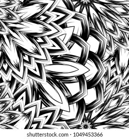 Seamless floral background. Tracery handmade nature ethnic fabric backdrop pattern with saturated dark flowers. Textile design texture. Decorative binary monochrome black and white art. Vector
