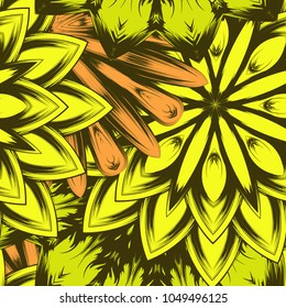 Seamless floral background. Tracery handmade nature ethnic fabric backdrop pattern with flowers. Textile design texture. Decorative color art. Vector