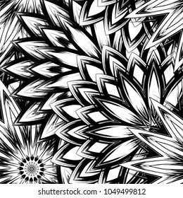 Seamless floral background. Tracery handmade nature ethnic fabric backdrop pattern with saturated dark flowers. Textile design texture. Decorative binary monochrome black and white art. Vector