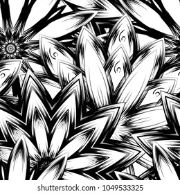 Seamless floral background. Tracery handmade nature ethnic fabric backdrop pattern with saturated dark flowers. Textile design texture. Decorative binary monochrome black and white art. Vector
