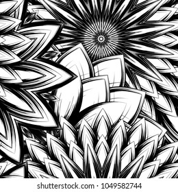 Seamless floral background. Tracery handmade nature ethnic fabric backdrop pattern with saturated dark flowers. Textile design texture. Decorative binary monochrome black and white art. Vector