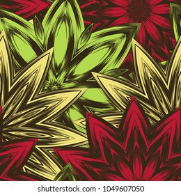 Seamless floral background. Tracery handmade nature ethnic fabric backdrop pattern with flowers. Textile design texture. Decorative color art. Vector