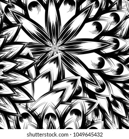 Seamless floral background. Tracery handmade nature ethnic fabric backdrop pattern with saturated dark flowers. Textile design texture. Decorative binary monochrome black and white art. Vector
