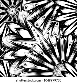 Seamless floral background. Tracery handmade nature ethnic fabric backdrop pattern with saturated dark flowers. Textile design texture. Decorative binary monochrome black and white art. Vector