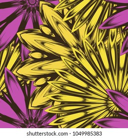 Seamless floral background. Tracery handmade nature ethnic fabric backdrop pattern with flowers. Textile design texture. Decorative color art. Vector