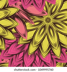 Seamless floral background. Tracery handmade nature ethnic fabric backdrop pattern with flowers. Textile design texture. Decorative color art. Vector