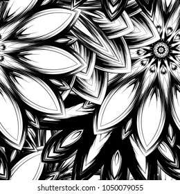 Seamless floral background. Tracery handmade nature ethnic fabric backdrop pattern with saturated dark flowers. Textile design texture. Decorative binary monochrome black and white art. Vector