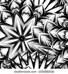 Seamless floral background. Tracery handmade nature ethnic fabric backdrop pattern with saturated dark flowers. Textile design texture. Decorative binary monochrome black and white art. Vector