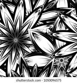 Seamless floral background. Tracery handmade nature ethnic fabric backdrop pattern with saturated dark flowers. Textile design texture. Decorative binary monochrome black and white art. Vector