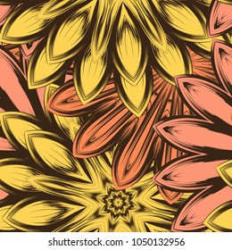 Seamless floral background. Tracery handmade nature ethnic fabric backdrop pattern with flowers. Textile design texture. Decorative color art. Vector