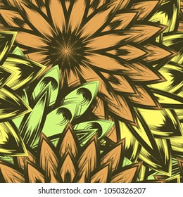 Seamless floral background. Tracery handmade nature ethnic fabric backdrop pattern with flowers. Textile design texture. Decorative color art. Vector