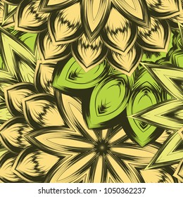 Seamless floral background. Tracery handmade nature ethnic fabric backdrop pattern with flowers. Textile design texture. Decorative color art. Vector