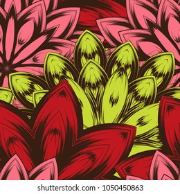 Seamless floral background. Tracery handmade nature ethnic fabric backdrop pattern with flowers. Textile design texture. Decorative color art. Vector