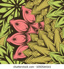 Seamless floral background. Tracery handmade nature ethnic fabric backdrop pattern with flowers. Textile design texture. Decorative color art. Vector
