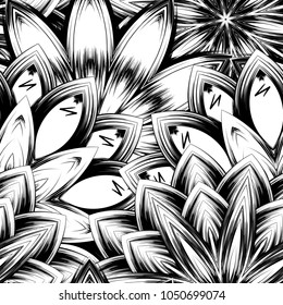 Seamless floral background. Tracery handmade nature ethnic fabric backdrop pattern with saturated dark flowers. Textile design texture. Decorative binary monochrome black and white art. Vector