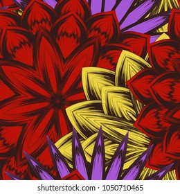 Seamless floral background. Tracery handmade nature ethnic fabric backdrop pattern with flowers. Textile design texture. Decorative color art. Vector
