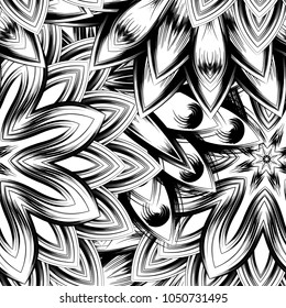 Seamless floral background. Tracery handmade nature ethnic fabric backdrop pattern with saturated dark flowers. Textile design texture. Decorative binary monochrome black and white art. Vector
