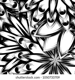 Seamless floral background. Tracery handmade nature ethnic fabric backdrop pattern with saturated dark flowers. Textile design texture. Decorative binary monochrome black and white art. Vector