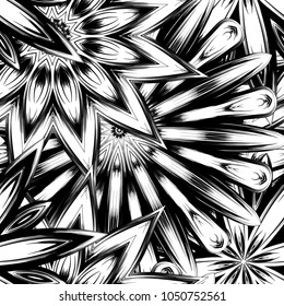 Seamless floral background. Tracery handmade nature ethnic fabric backdrop pattern with saturated dark flowers. Textile design texture. Decorative binary monochrome black and white art. Vector