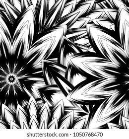 Seamless floral background. Tracery handmade nature ethnic fabric backdrop pattern with saturated dark flowers. Textile design texture. Decorative binary monochrome black and white art. Vector
