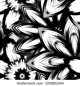 Seamless floral background. Tracery handmade nature ethnic fabric backdrop pattern with saturated dark flowers. Textile design texture. Decorative binary monochrome black and white art. Vector