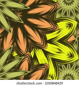 Seamless floral background. Tracery handmade nature ethnic fabric backdrop pattern with flowers. Textile design texture. Decorative color art. Vector