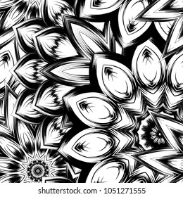 Seamless floral background. Tracery handmade nature ethnic fabric backdrop pattern with saturated dark flowers. Textile design texture. Decorative binary monochrome black and white art. Vector