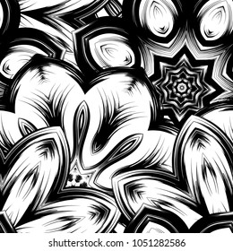 Seamless floral background. Tracery handmade nature ethnic fabric backdrop pattern with saturated dark flowers. Textile design texture. Decorative binary monochrome black and white art. Vector