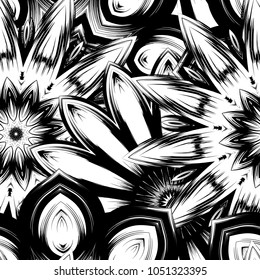 Seamless floral background. Tracery handmade nature ethnic fabric backdrop pattern with saturated dark flowers. Textile design texture. Decorative binary monochrome black and white art. Vector