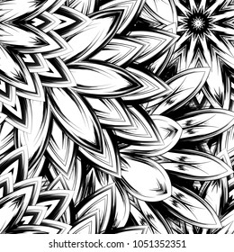 Seamless floral background. Tracery handmade nature ethnic fabric backdrop pattern with saturated dark flowers. Textile design texture. Decorative binary monochrome black and white art. Vector