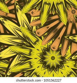Seamless floral background. Tracery handmade nature ethnic fabric backdrop pattern with flowers. Textile design texture. Decorative color art. Vector
