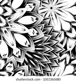 Seamless floral background. Tracery handmade nature ethnic fabric backdrop pattern with saturated dark flowers. Textile design texture. Decorative binary monochrome black and white art. Vector