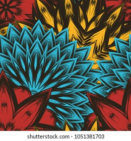 Seamless floral background. Tracery handmade nature ethnic fabric backdrop pattern with flowers. Textile design texture. Decorative color art. Vector
