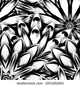 Seamless floral background. Tracery handmade nature ethnic fabric backdrop pattern with saturated dark flowers. Textile design texture. Decorative binary monochrome black and white art. Vector