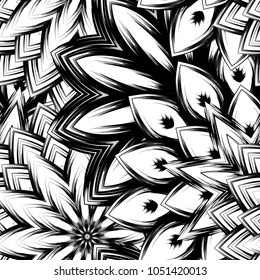Seamless floral background. Tracery handmade nature ethnic fabric backdrop pattern with saturated dark flowers. Textile design texture. Decorative binary monochrome black and white art. Vector