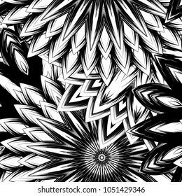 Seamless floral background. Tracery handmade nature ethnic fabric backdrop pattern with saturated dark flowers. Textile design texture. Decorative binary monochrome black and white art. Vector