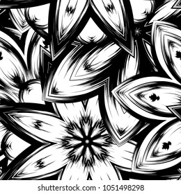 Seamless floral background. Tracery handmade nature ethnic fabric backdrop pattern with saturated dark flowers. Textile design texture. Decorative binary monochrome black and white art. Vector