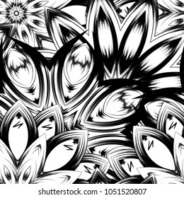 Seamless floral background. Tracery handmade nature ethnic fabric backdrop pattern with saturated dark flowers. Textile design texture. Decorative binary monochrome black and white art. Vector